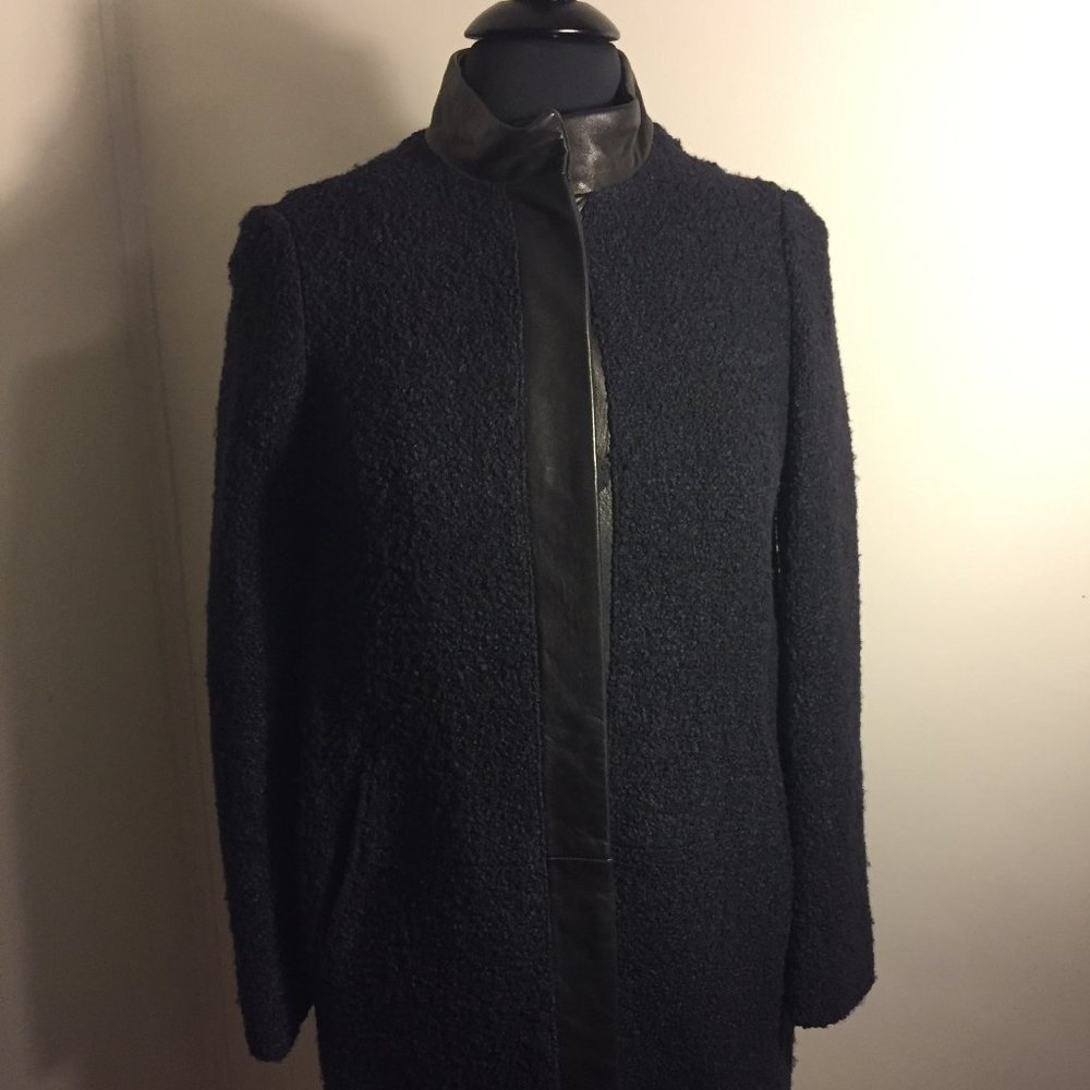 Club Monaco Bouclé Navy Coat with Leather Trim